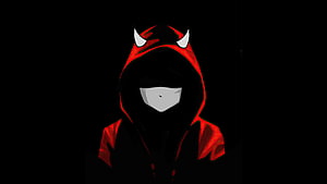 Mysterious Hooded Figure with Devil Horns and White Mask in Dark Red Illustration HD wallpaper