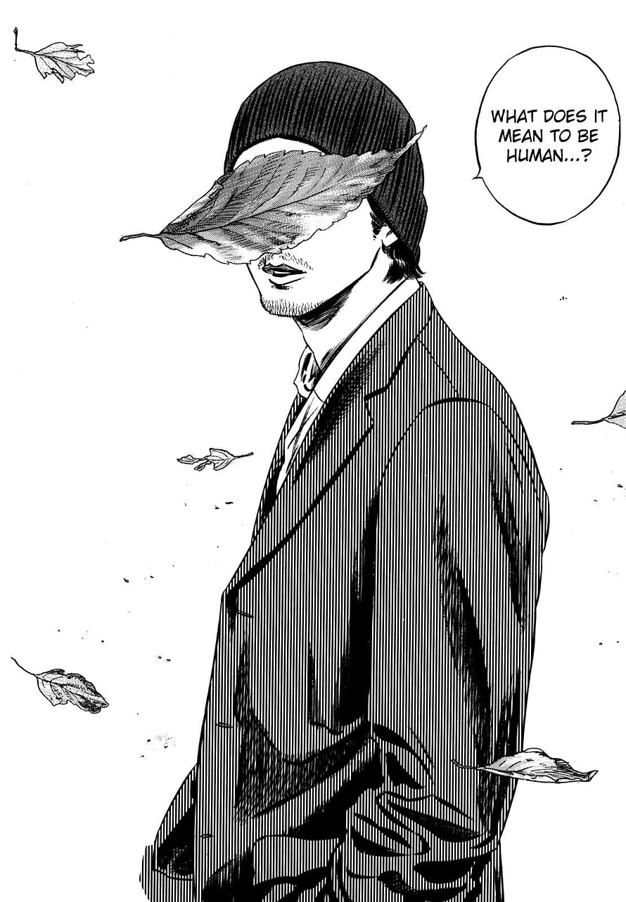 Vagabond manga panel of a bearded man in a suit with a leaf covering his eyes HD phone wallpaper