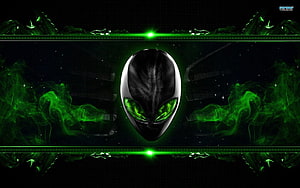 Glowing Green Alien Head with Neon Smoke and Futuristic Digital Grid HD wallpaper