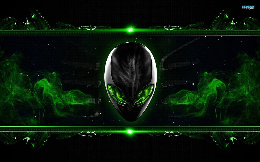 Glowing Green Alien Head with Neon Smoke and Futuristic Digital Grid HD wallpaper