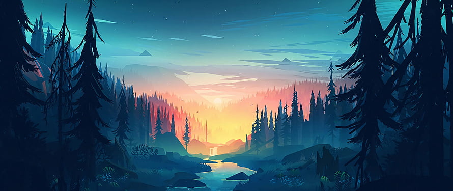 Stylized Digital Art of a Serene River Valley at Sunrise with Pine Forests HD wallpaper