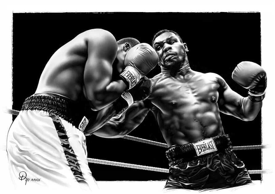 Mike Tyson Boxing Illustration: Black and White Artwork of a Powerful Punch in the Ring HD wallpaper