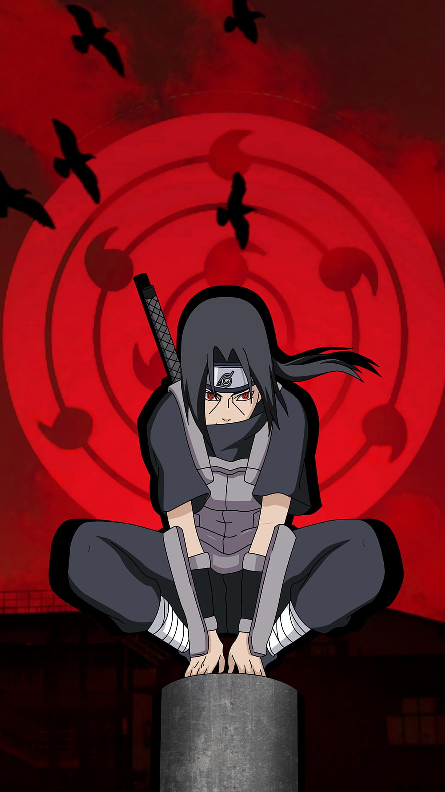 Itachi Uchiha Sitting on Pillar with Sharingan Eyes and Akatsuki Symbol HD phone wallpaper