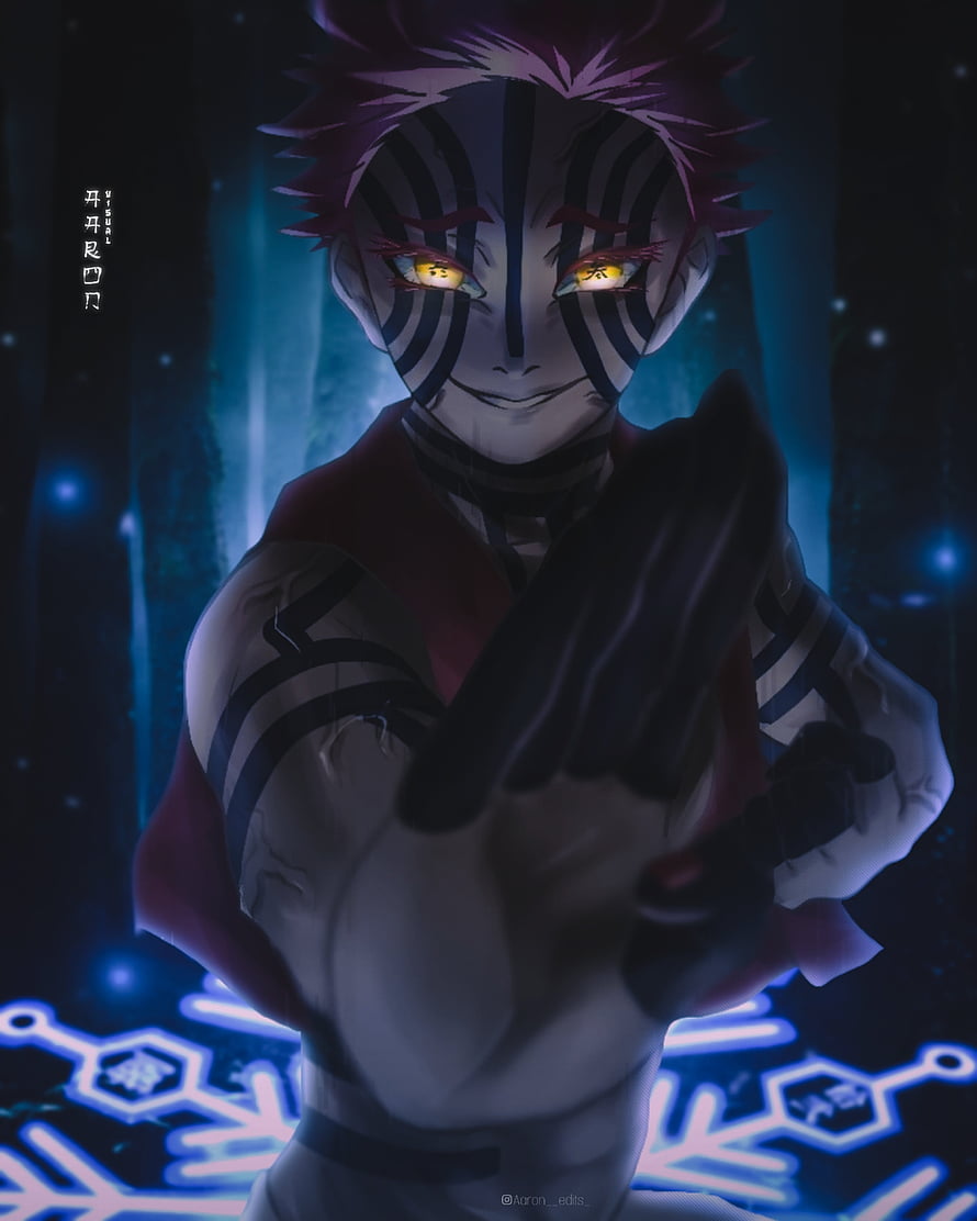 Akaza from Demon Slayer in a dark forest with glowing blue snowflake patterns and yellow eyes HD phone wallpaper