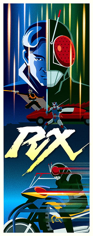 Kamen Rider Black RX Retro Anime Poster with Split Face and Action Scenes HD phone wallpaper