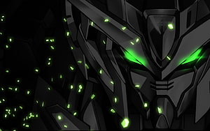Gundam Oo Dark Mecha Head with Glowing Green Eyes and Floating Particles HD wallpaper