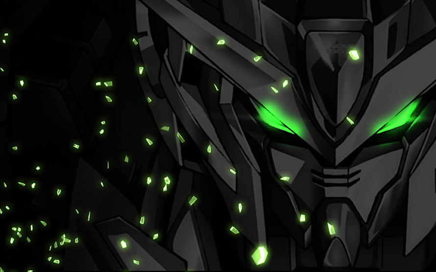 Gundam Oo Dark Mecha Head with Glowing Green Eyes and Floating Particles HD wallpaper
