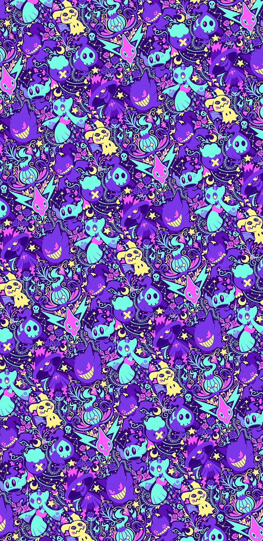 Lavender Town Pokemon Pattern with Gengar, Misdreavus, and Haunter in Purple and Teal HD phone wallpaper