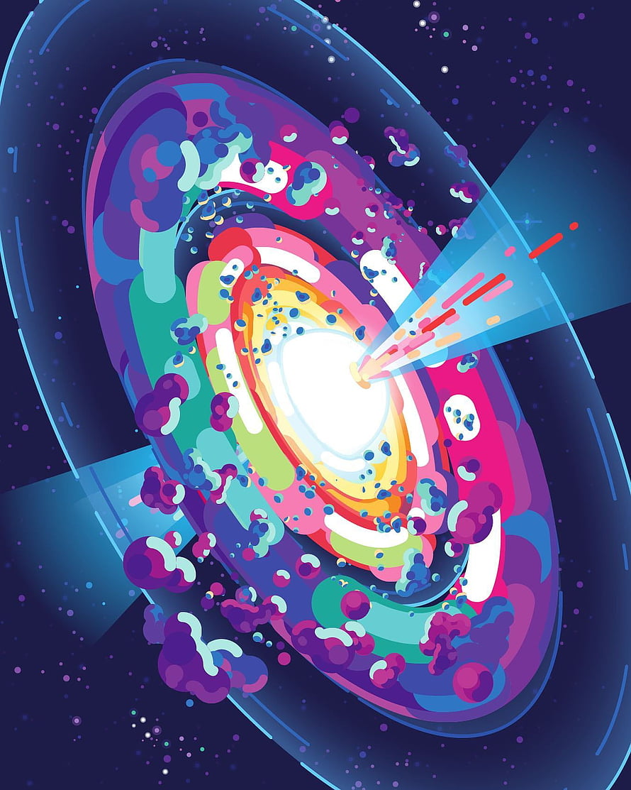 Kurzgesagt Big Bang Illustration: Colorful Spiral Galaxy and Cosmic Nebulae in Deep Space HD phone wallpaper