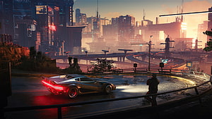 Cyberpunk 2077 Futuristic Cityscape with Sports Car at Sunset HD wallpaper