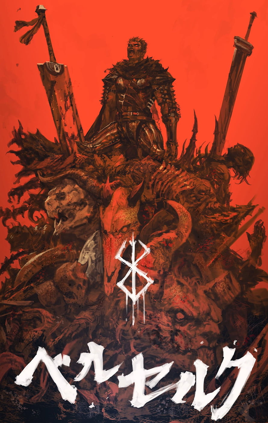 Berserk Guts Dark Fantasy Artwork with Red Background and Skulls HD phone wallpaper