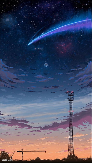 Your Name Anime Night Sky with Comet, Moon, and Communication Tower at Sunset HD phone wallpaper