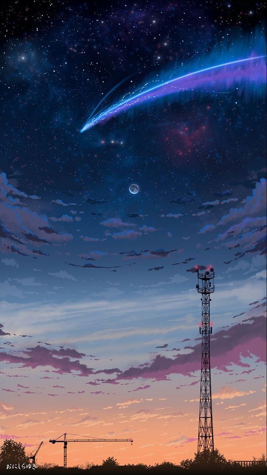 Your Name Anime Night Sky with Comet, Moon, and Communication Tower at Sunset HD phone wallpaper