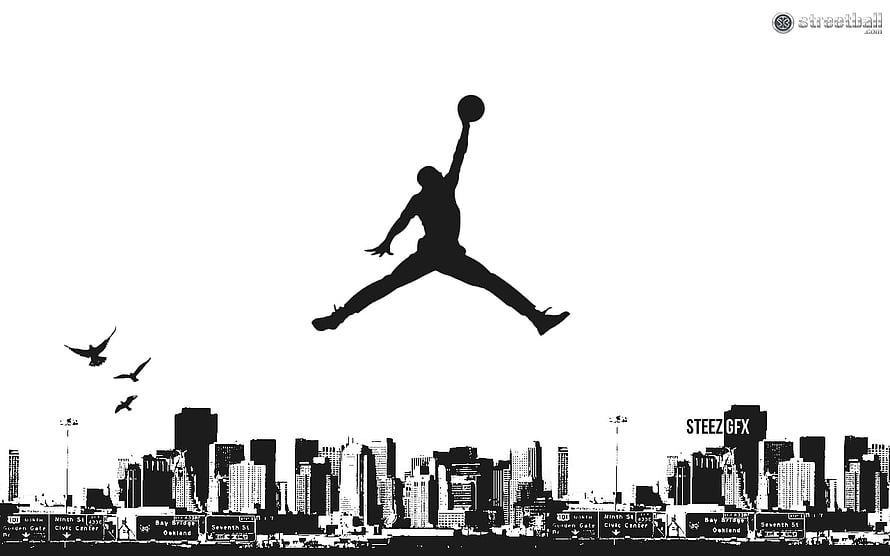 Air Jordan Jumpman Silhouette Over City Skyline Black and White Streetball Art HD wallpaper