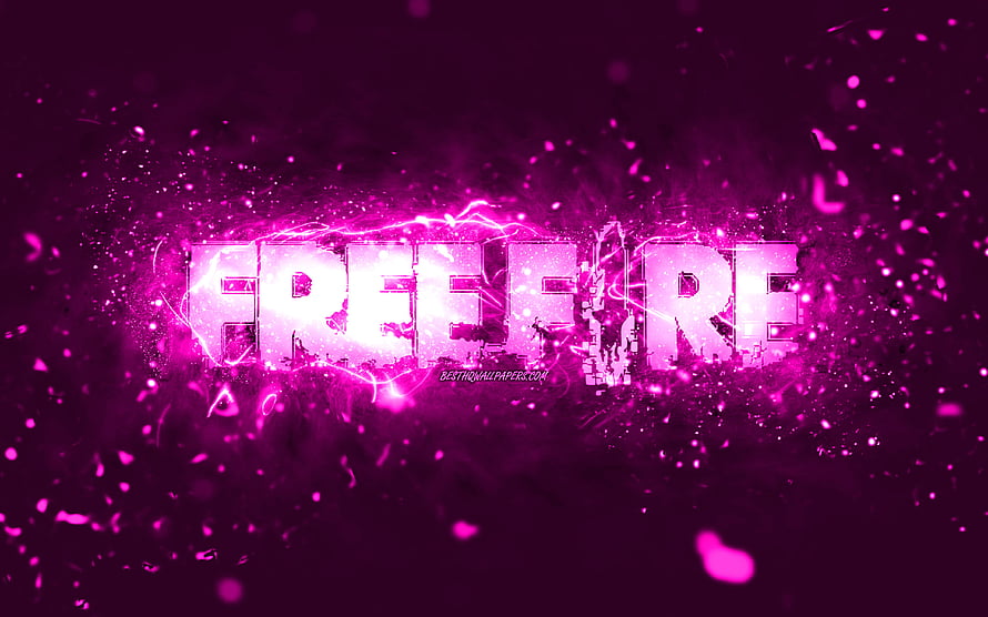 Garena Free Fire Glowing Purple Neon Logo with Electric Sparks and Abstract Particles HD wallpaper