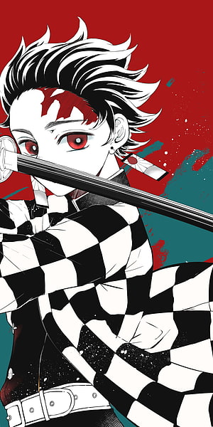 Tanjiro Kamado in Demon Slayer Anime Style with Katana and Checkered Haori HD phone wallpaper