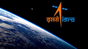 ISRO Logo Against Earth Horizon and Moon in Deep Space HD wallpaper