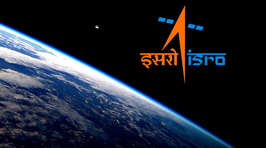 ISRO Logo Against Earth Horizon and Moon in Deep Space HD wallpaper