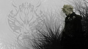 Cloud Strife from Final Fantasy VII: Advent Children in a moody monochrome scene with a wolf emblem HD wallpaper