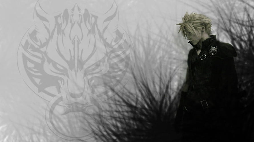 Cloud Strife from Final Fantasy VII: Advent Children in a moody monochrome scene with a wolf emblem HD wallpaper