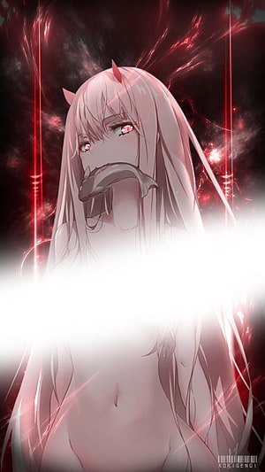 Zero Two from Darling in the Franxx with red glowing eyes and horns in a dramatic dark scene HD phone wallpaper