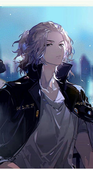 Mikey from Tokyo Revengers in a black jacket with a blue cityscape background HD phone wallpaper