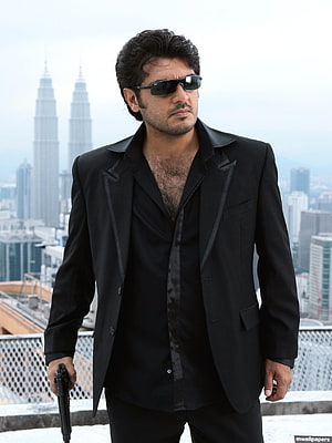 Ajith Kumar as Billa in Black Suit with Sunglasses and Pistol on Rooftop HD phone wallpaper