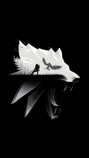 The Witcher Minimalist Wolf Head Silhouette with Hunter and Griffin HD phone wallpaper