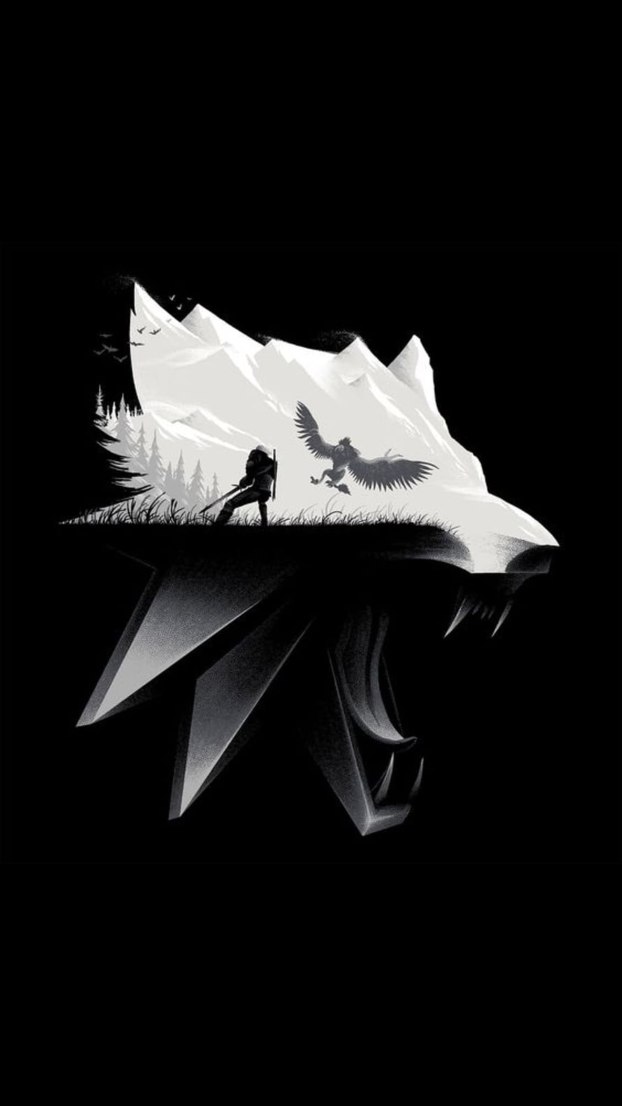 The Witcher Minimalist Wolf Head Silhouette with Hunter and Griffin HD phone wallpaper