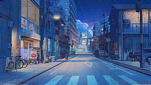 Serene Japanese Night Street Scene with Starry Sky and Neon Lights HD wallpaper