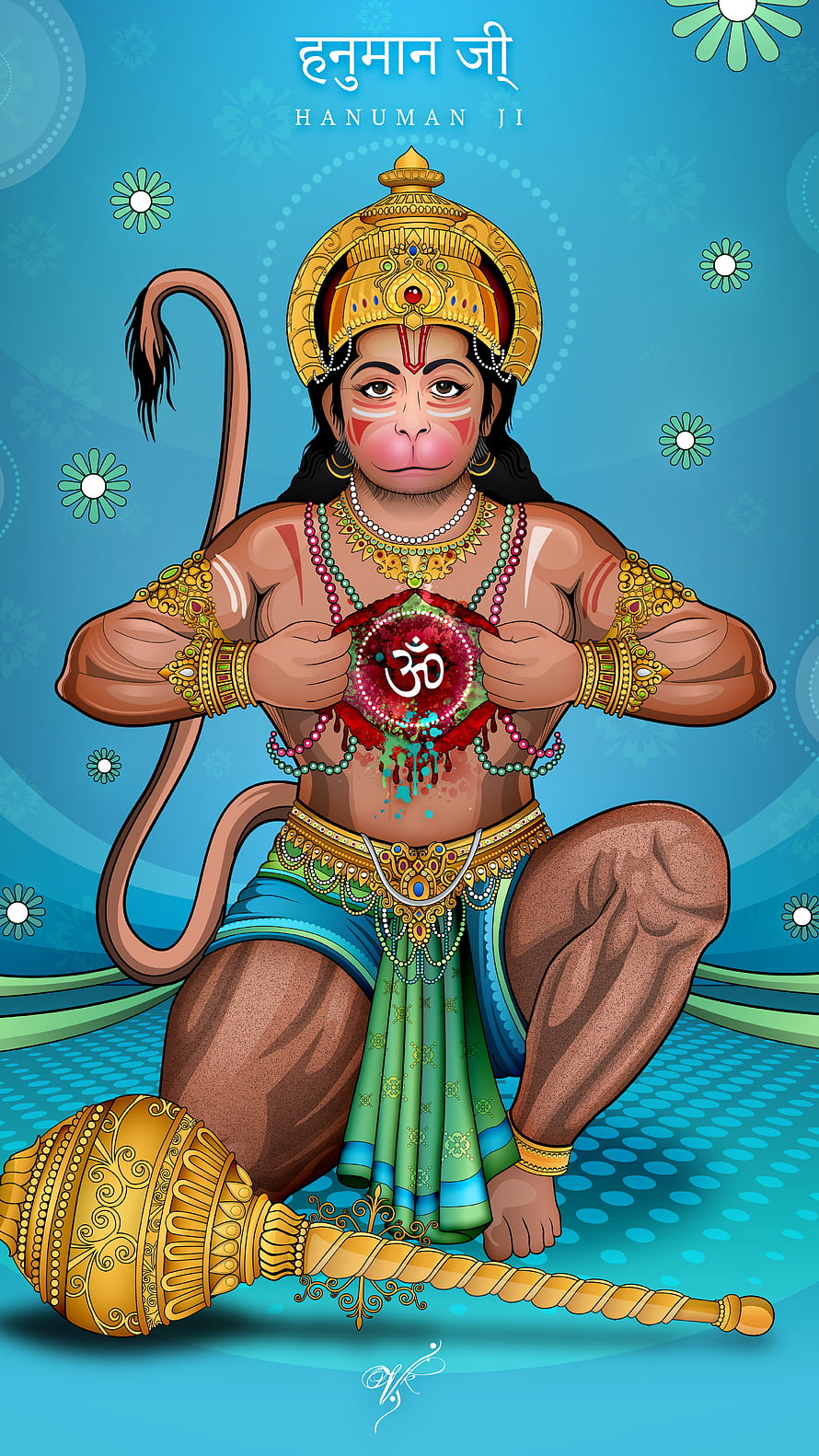 Lord Hanuman Seated with Mace and Om Symbol in Traditional Indian Illustration Style, Hanuman, Bajrangbali, Lord Hanuman HD phone wallpaper