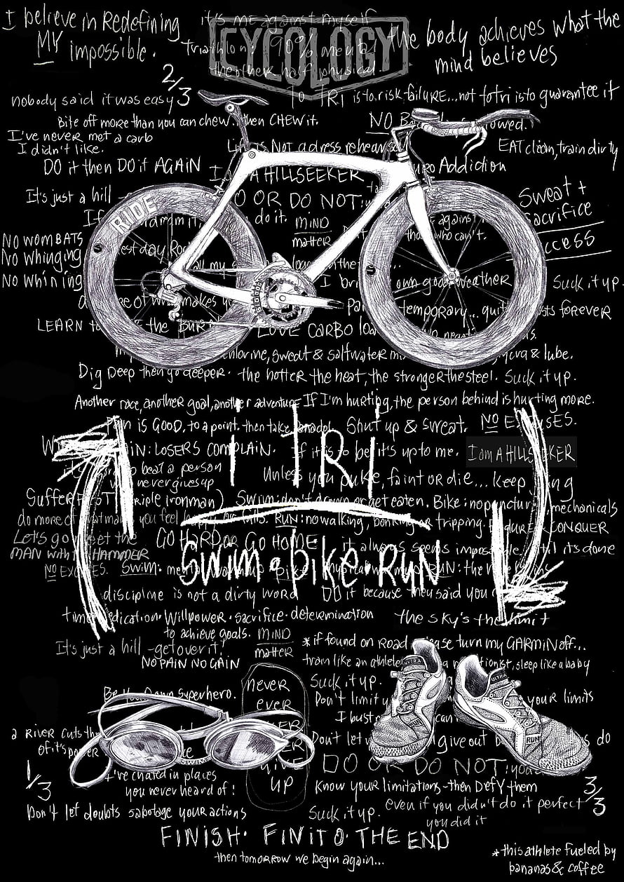 Ironman Triathlon Chalkboard Art with Bicycle, Running Shoes, and Motivational Quotes HD phone wallpaper