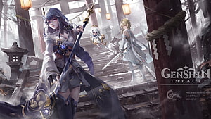Raiden Shogun, Lumine, and Paimon in a Misty Inazuma Temple Setting HD wallpaper