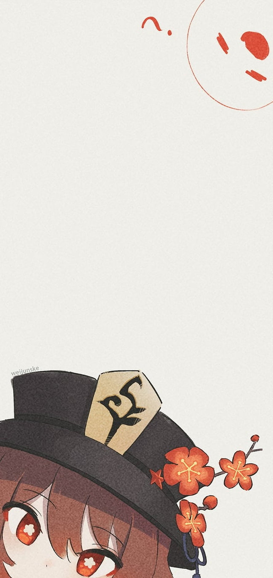 Hu Tao from Genshin Impact in a black hat with red plum blossoms and a minimalist white background HD phone wallpaper