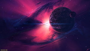Vibrant Pink and Purple Galaxy with Dark Planets and Cosmic Nebula HD wallpaper