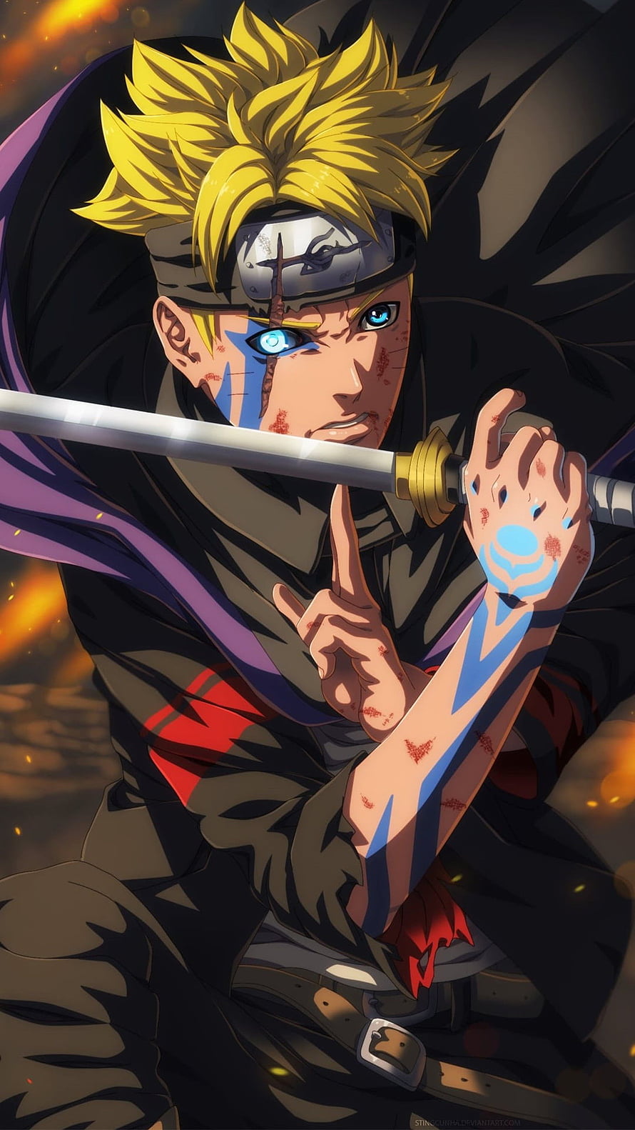 Boruto Uzumaki Anime Character with Sword and Blue Markings HD phone wallpaper