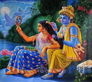 Radha Krishna Indian Mythological Painting with Mirror and Lotus Pond HD wallpaper
