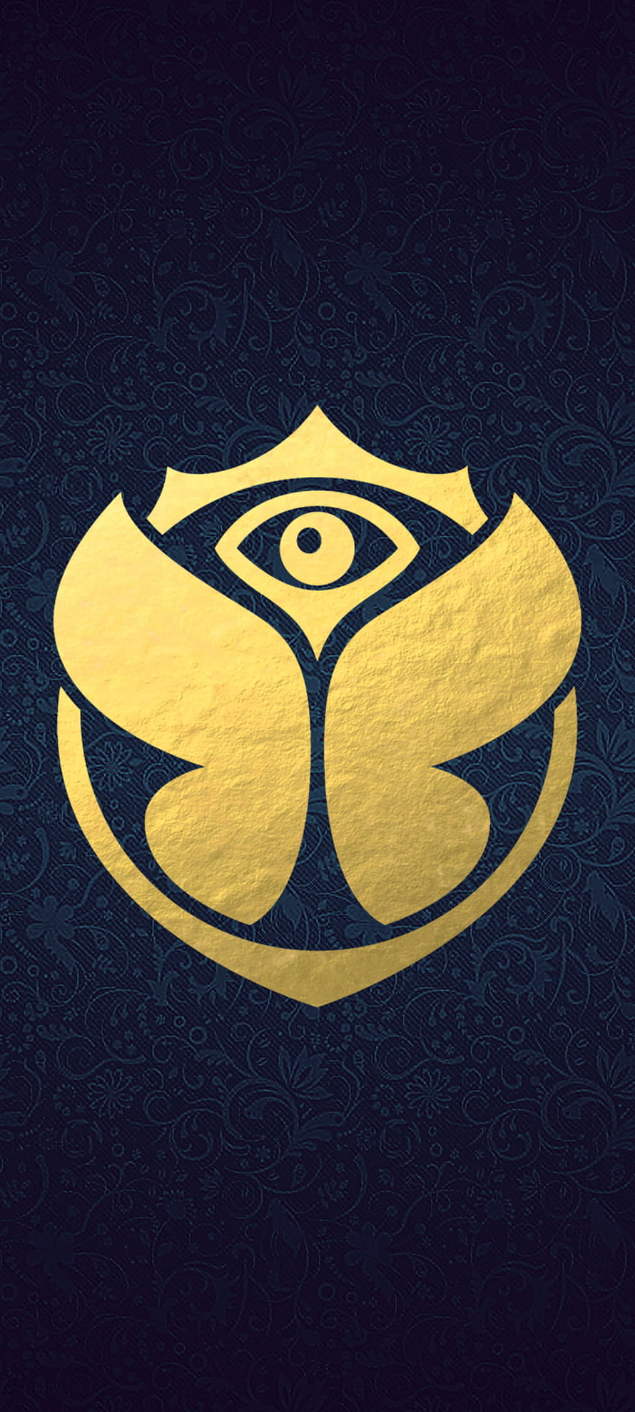 Tomorrowland Festival Golden Eye Logo on Dark Blue Floral Pattern Background HD phone wallpaper