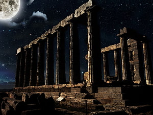 Ancient Greek Temple Columns Under Starry Night Sky With Full Moon HD wallpaper