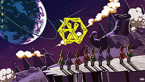 EXO Aesthetic Sci-Fi Illustration with Floating Figures and Cosmic Landscape HD wallpaper