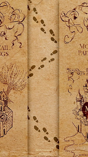 Harry Potter Marauder's Map Vintage Parchment Design with Hogwarts Castle and Footprints HD phone wallpaper