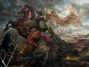 Guan Yu on Horseback Wielding a Guandao in Epic Ancient Chinese Battle Scene HD wallpaper