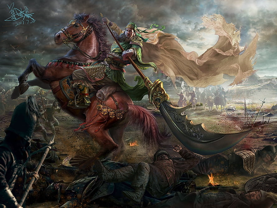 Guan Yu on Horseback Wielding a Guandao in Epic Ancient Chinese Battle Scene HD wallpaper
