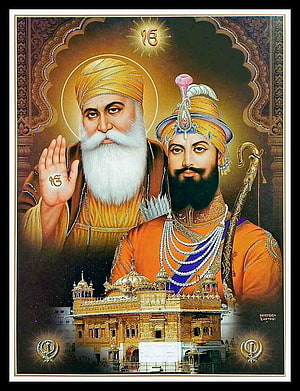 Guru Nanak Dev Ji and Guru Gobind Singh Ji with Golden Temple and Khanda Symbols HD phone wallpaper