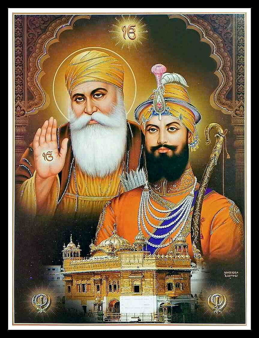 Guru Nanak Dev Ji and Guru Gobind Singh Ji with Golden Temple and Khanda Symbols HD phone wallpaper