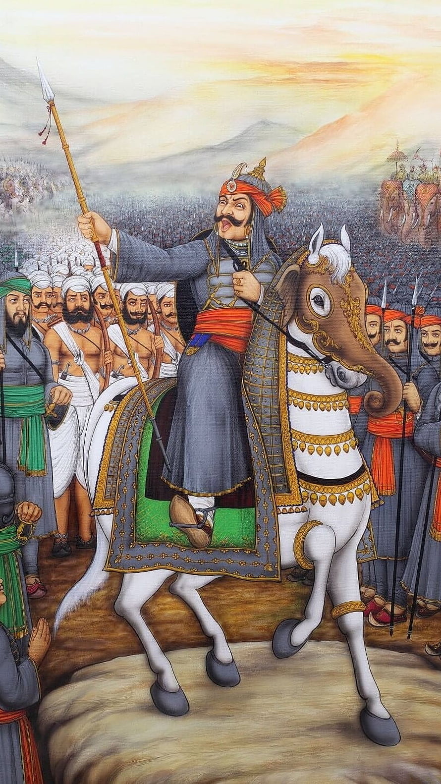 Maharana Pratap on Horseback Leading a Grand Historical Army in Traditional Indian Art HD phone wallpaper