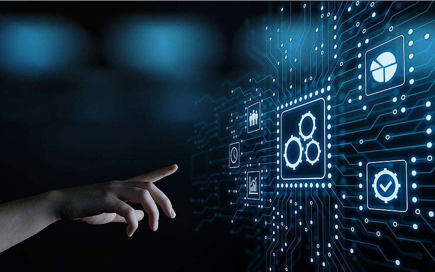 Hand Reaching Toward Glowing Digital Circuit Board With Technology Icons HD wallpaper
