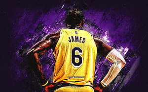 LeBron James in Lakers Jersey 6 with Purple Grunge Background HD wallpaper