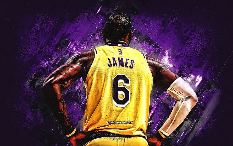 LeBron James in Lakers Jersey 6 with Purple Grunge Background HD wallpaper