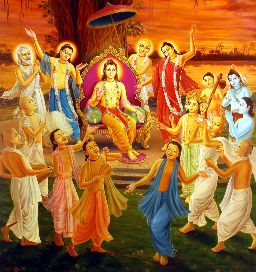 Chaitanya Mahaprabhu Seated on Throne Surrounded by Devotees in Traditional Indian Painting HD phone wallpaper